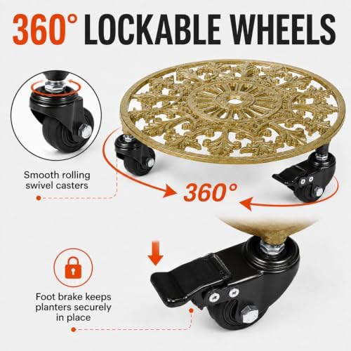 2 Pack 11" Heavy Duty Round Metal Plant Caddy with Wheels, Gold - Image 4