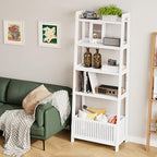 Bamjoy Bamboo White Bookshelf with Slatted Basket, Ladder Bookcase with 4 Display Shelves and 1 Open Storage Basket, Multifunctional Storage Rack Organizer for Home Office, Bedroom, Living Room, 66” H by Bamjoy