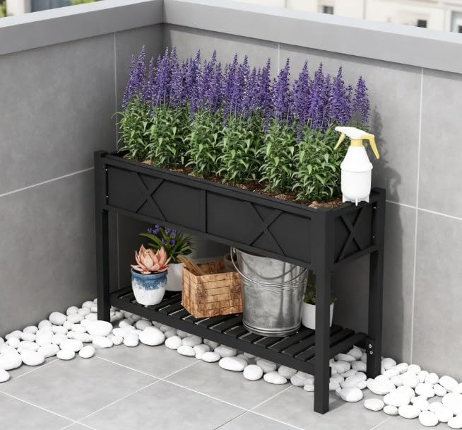 47 Inch Elevated Wood Raised Garden Bed with Storage Shelf, Black - Image 7