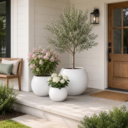 Panlaolao 13.5" H x 17" Dia (12" Pot Opening) Round Fiberstone Planter with Drainage Hole, White, Indoor/Outdoor Large Plant Pot for Home Patio Garden, Ideal for Large Plants - Image 5