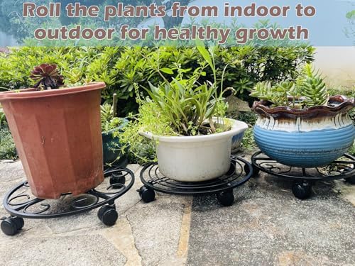 3 Packs 12" Metal Plant Caddy with Wheels Large Rolling Plant Stands Indoor Wheeled Plant Dolly Heavy-duty Pot Mover Roller Base Outdoor Plant Trolley Cart with Casters Water-proof Dust-proof, Black - Image 5