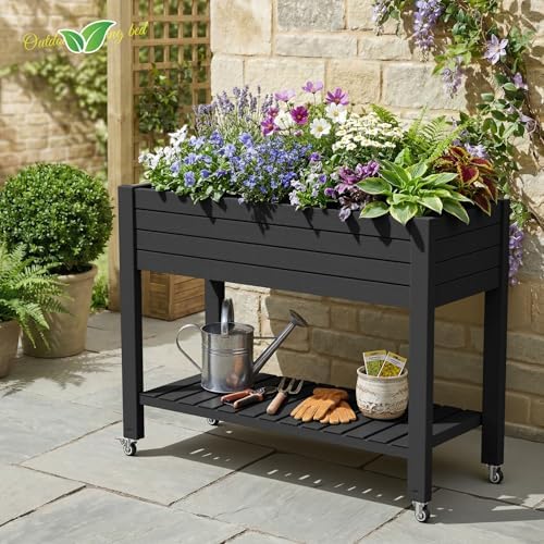 Elevated Raised Garden Bed,Outdoor Large Planter Box with Wheels & Shelf for Backyard Balcony,Dust-Proof Resin Patio Raised Bed for Herbs Flowers Vegetables(Black) - Image 7