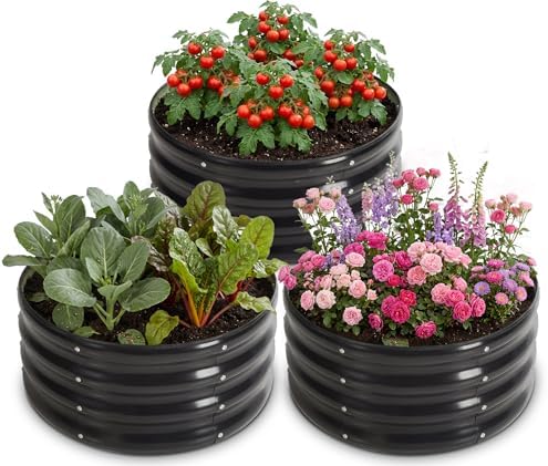 3 PCS Round Raised Garden Bed 2x2x1 ft, Metal Outdoor Planter Box Kit with Safety Rubber Edge, Easy Assemble Bottomless Small Planting Container for Vegetable, Flower, Fruit, Grey by Tegarbed