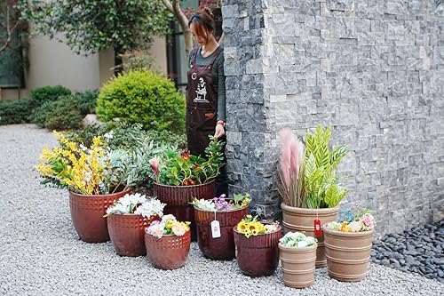 16" Ceramic Planters, Set of 3, 16 Inch, Taupe with Horizontal Rings - Image 2
