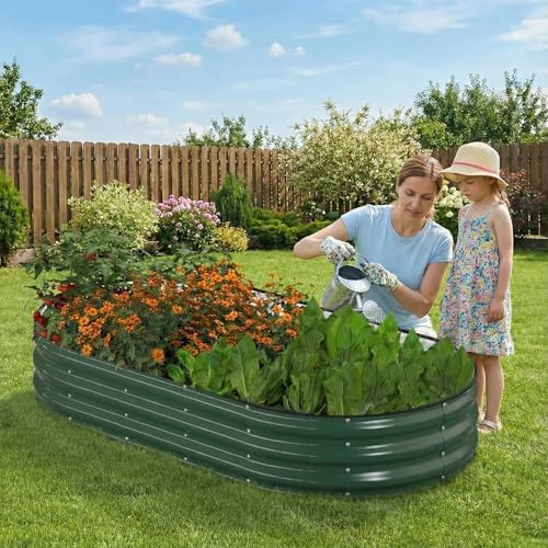 Raised Garden Bed, 6x3x1ft Galvanized Outdoor Planter Beds with Safety Edging and Gloves, Oval Metal Planter Box for Gardening Vegetables Flowers Herb-Deep Green - Image 7