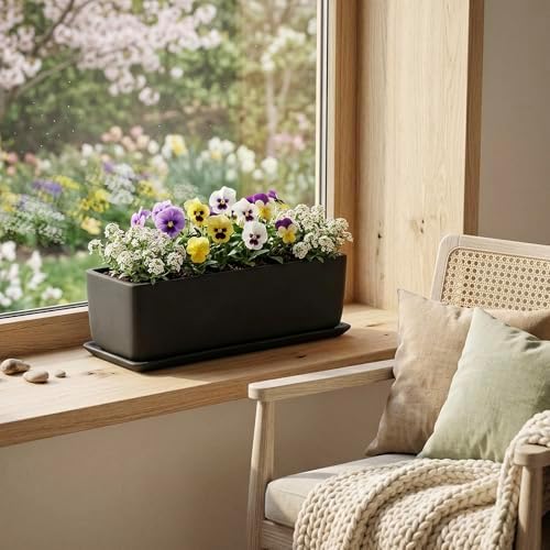 MyGift 14 Inch Matte Black Ceramic Rectangular Succulent Planter - Image 4