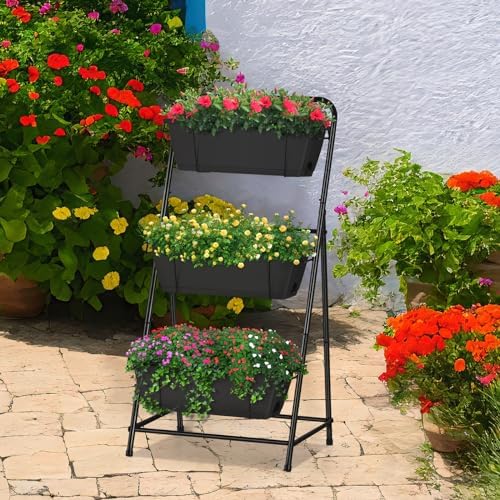 Raised Garden Bed 3 Tier Vertical Garden Planter Elevated Planter Boxes Outdoor Herb Planter with Drainage Holes Removable Tray for Patio Balcony Porch Black - Image 6