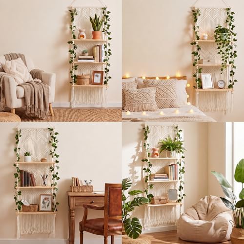 Boho Macrame Wall Plant Hanger Shelf, 3-Tier Hanging Display Shelves with LED String Lights, Wooden Floating Organizer Natural Cotton Rope for Indoor Plants Living Room Bedroom Balcony - Image 5