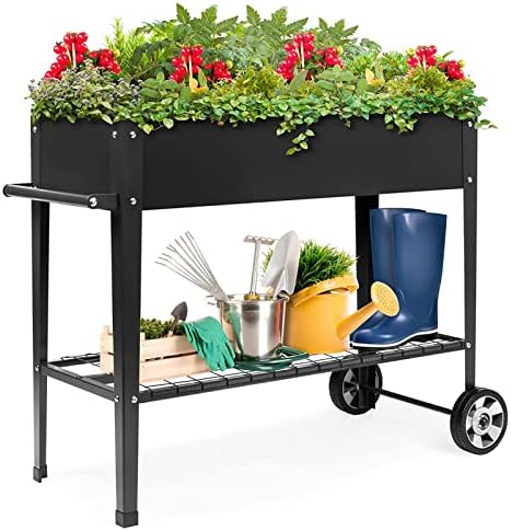 GARFANS Raised Garden Bed, Metal Raised Planter Box Outdoor with Legs, 2 Wheels and Shelf, Elevated Garden Bed Box for Vegetable Indoor Herb Flower Backyard Patio, 40" L x 16" W x 31.5" H by Garpans