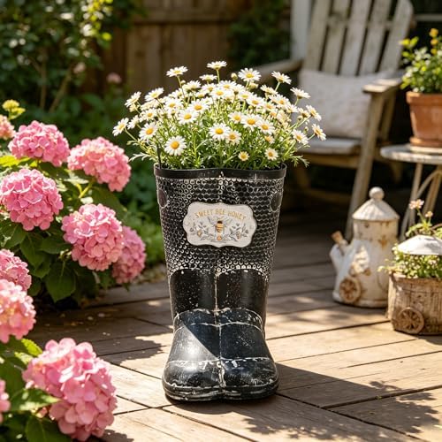 Vintage Metal Boot Planters Rustic Farmhouse Flower Pots Outdoor Decorative Boot Plants Buckets for Wedding, Garden, Home, Patio Decor (Black#2) - Image 4