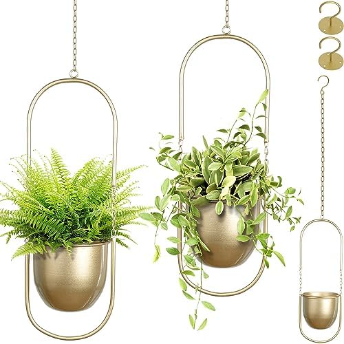 AceList Boho Hanging Planter for Indoor Plants - Set of 2 Gold Metal Wall Planter 5.7Inch with Hooks and Chins, Plant Hanger Decor for Window and Patio - Suitable for Hanging Plants Decor by AceList