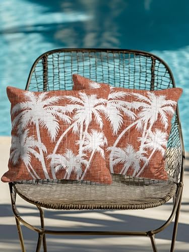 Throw Pillows 18x18 Set of 2, Tropical Palm Tree Waterproof Outdoor Pillow Covers with Insert, Vintage Burnt Orange Botanical Plants Decorative Pillowcase Cushion for Patio, Garden, Couch, Sofa, Bed - Image 4