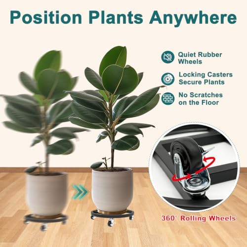 13" Metal Plant Caddy with Wheels, 2 Pack Rolling Plant Stand - Image 3