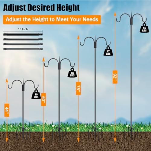 FEED GARDEN Heavy Duty Shepherds Hook 92" Double Hooks Adjustable (44/60/76/92") - Metal 5-Prong Base, 15lb Capacity - Easy Assembly Bird Feeder Pole for Hanging Planters, Lanterns, Wind Chimes - Image 3