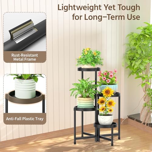 LASZOLA Plant Stand Indoor Outdoor Tall with Plastic Tray, 4 Tiers Black - Image 6
