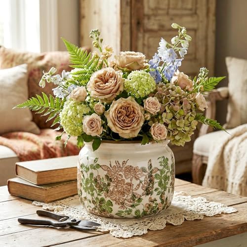 7.7" Large Ceramic Plant Pot Pink Green Vintage Hibiscus Crackle Glaze Rustic Flowers Pot Decorative Planter with Drainage for Indoor Outdoor Plants Home Kitchen Office Decor Gift - Image 4