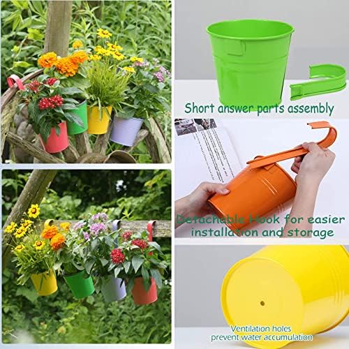 Railing Planters with Drainage Holes, 10 Pack 6.3" x 4.7" x 5.3" Iron Hanging Flower Pots with Removable Hooks for Balcony Fence Garden Suitable Indoor Outdoor, Plant Hanger, 10 Colors - Image 3