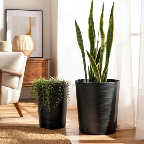 Tall Modern Lines Resin Planters for Home Decor and Garden Spaces - Minimalist Round Planters for Indoor and Outdoor - Classic Flower Pots for Patio and Entryway - Set of 2, 21", 19", Black - Image 3
