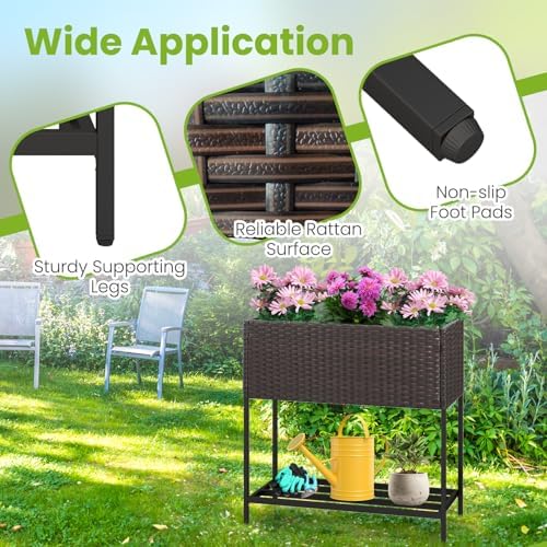 LDAILY Elevated Raised Garden Bed with Legs, Outdoor Planter Box with Storage Shelf & Drainage Gap for Vegetables, Flowers & Fruits, Heavy Duty Rattan Garden Planter for Yard, Patio & Balcony, Brown - Image 5