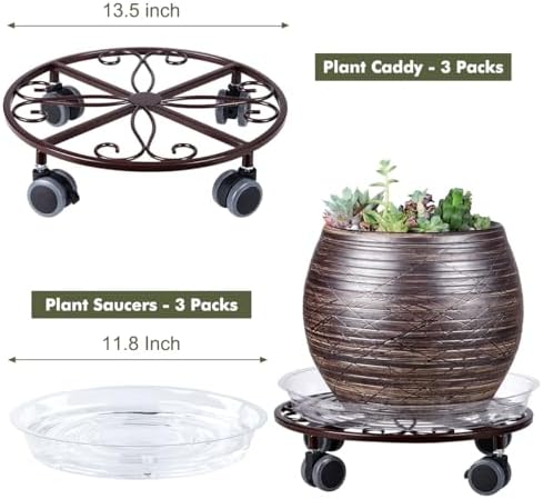 3 Pack Plant Caddy with Wheels & Saucers, Heavy Duty 13.5 Inch Metal Plant Stand with Wheels, Plant Dolly Rolling Plant Stand Plant Roller with Casters for Indoor and Outdoor, Bronze - Image 3