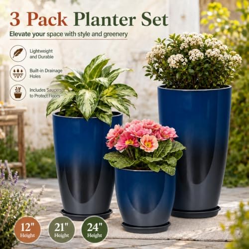 Neoaider Set of 3 Tall Planter, 24/21/12in Large Plastic Planter, Dark Blue - Image 2