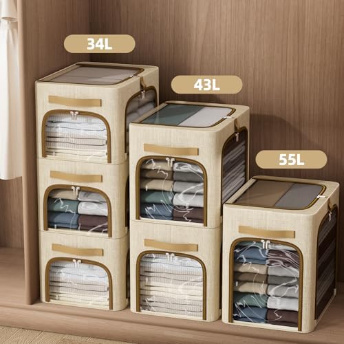 CYhom Storage Bins with Metal Frame, 3-Clear Windows Openings, 43L, Beige - Image 4