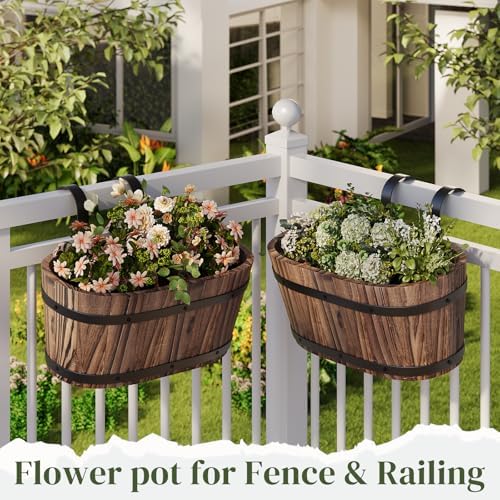 Railing Planters for Outdoor Plants Balcony Hanging Flower Pots with Detachable Hooks, Window Flower Box Hanging Bucket Pots Fence Planters for Garden Home Decor(Carbonized-2pack, Large) - Image 3