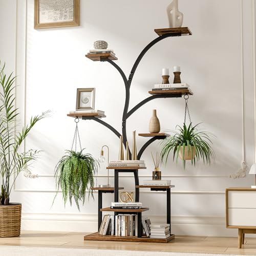 VECELO Plant Stand with LED Light, 10-Tier Indoor Plant Shelf with Supplemental Lighting, Metal Frame & Wood Shelves with Hanging Hooks, Space-Saving Plant Rack for Living Room or Corner Display - Image 7