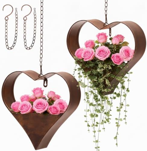 2 Pack Metal Plant Hangers Indoor Outdoor Heart Hanging Planters by Romooa