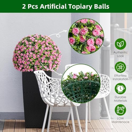 15.7 Inch Artificial Hanging Topiary Balls Set of 2, Faux Flower Balls for Garden Patio Wedding Valentine's Day Decor, Outdoor Indoor Hanging Decorations for Porch Front Door Party, Pink - Image 3