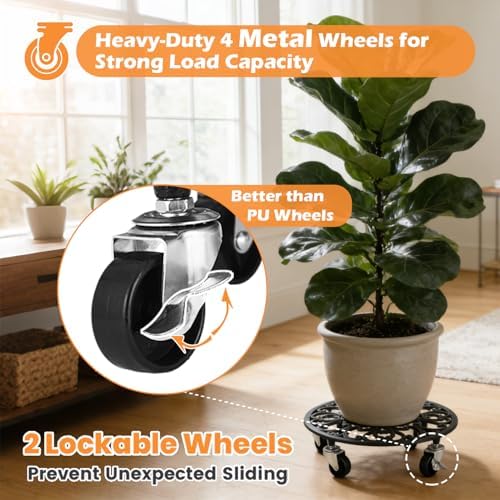 2 Pack Rolling Plant Caddy with Wheels Heavy Duty, 14 Inch Cast Iron Plant Rollers with Wheels, Roller Planter Stand on Metal Wheel Round Planter Caddies Roller Plants Stand Indoor Potted Plants Mover - Image 2