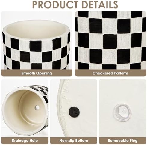5.5 inch Ceramic Plant Pots with Drainage Hole Silicone Plug, Checker Ceramic Planters Round Flower Pot for Indoor Outdoor Plants Home Gardening Desktop Windowsill, Black - Image 4