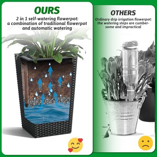 GarveeLife 16 Inch Tall Rattan Planter Set of 2, Large Self-Watering Pot with Water Level Monitor Outdoor and Indoor for Patio, Porch, Living Room, or Home Office, Black - Image 6