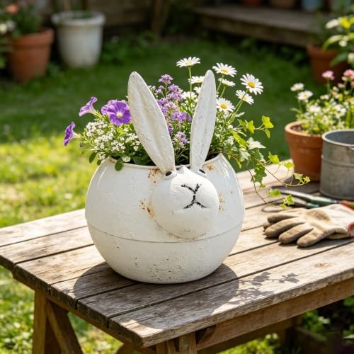 Rustic Metal Bunny Flower Pot, Distressed White Metal Rabbit Succulent Planter, Cute Planter Pot for Indoor Outdoor Home Garden Decor, Farmhouse Bunny Plant Holder - Image 4