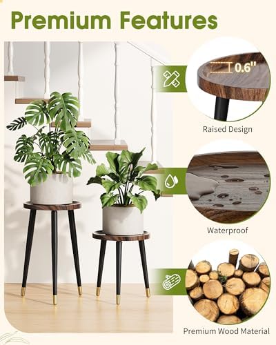 Plant Stand Indoor 2 Pack, Wood Mid Century Indoor Plant Stand, Tall Plant Stands for Flower Pot, Modern Plant Table, Small Side End Table With Raised Design, Walnut, 11.7"x18.8" & 11.7"x13" - Image 3