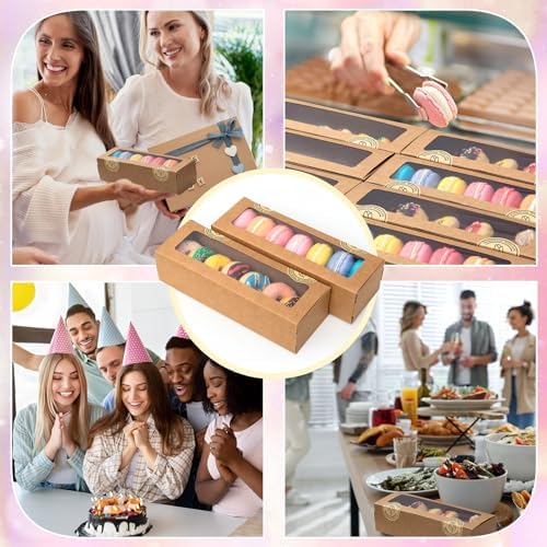 Sherr 100 Pcs Brown Macaron Boxes with Window, 7.7x2.6x2 Inch Long Clear Bakery Boxes with Stickers for Pastries, Cookie & Dessert Gifts Packaging for Chocolate Covered Strawberry, Truffle, Donuts - Image 5