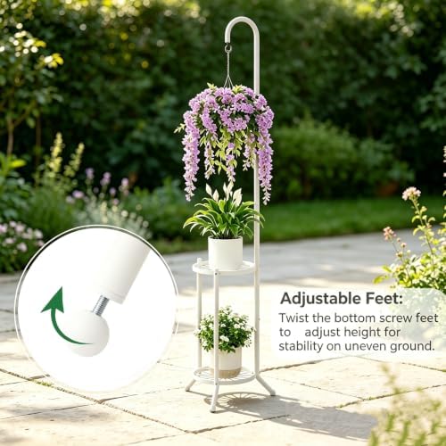 2-Tier Plant Stand With Hanging Hook, Metal Standing Plant Hanger, White - Image 6