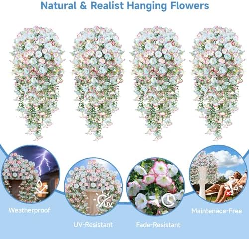 Artificial Hanging Flowers for Outdoors, 4 PCS 600 Blooms UV Resistant Morning Glory Faux Silk Vines, No-Odor Realistic Fake Plants for Garden Planter Porch Patio Decoration, Blue & White - Image 2