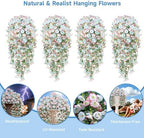 Artificial Hanging Flowers for Outdoors, 4 PCS 600 Blooms UV Resistant Morning Glory Faux Silk Vines, No-Odor Realistic Fake Plants for Garden Planter Porch Patio Decoration, Blue & White - Image 2