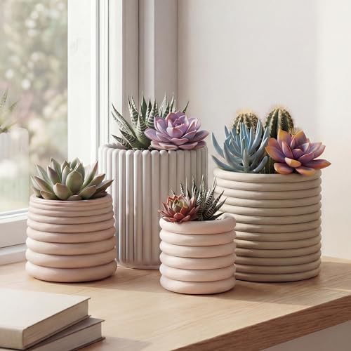 JONATHAN Y Silas Modern Minimalist Handmade Concrete Fluted Sculptural Cylinder Planter Set with Drainage Holes, Matte Soft Neutral (Set of 4) (PLN1000A-4SET) - Image 2