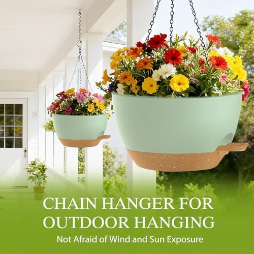 12 Inch Hanging Baskets 2 PC with Chains, Self-Watering Hanging Planters for Indoor Outdoor Plants, Plastic Hanging Flower Pots,Green Brown - Image 5