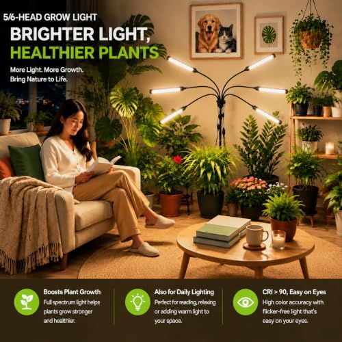 5 Heads LED Grow Lights for Indoor Plants Full Spectrum 450 LEDs, Plant Lights for Indoor Growing with Tripod Stand, Floor Grow Light with Auto 3/6/9/12/15/18H Timer for Indoor Tall Plants. - Image 3