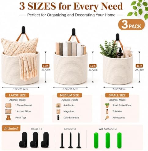 Honeydak 3 Hanging Baskets, White, Cylinder, Cotton Rope - Image 3