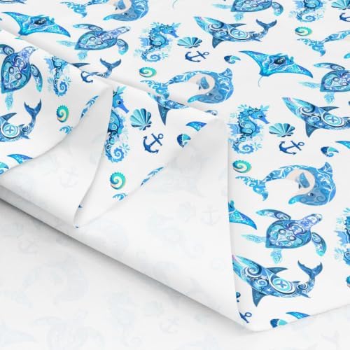 Nautical Upholstery by The Yard, Sea Turtle Shell Shark Dolphin Animals Anchor DIY Art Waterproof Fabric, Blue White, 10 Yards - Image 6