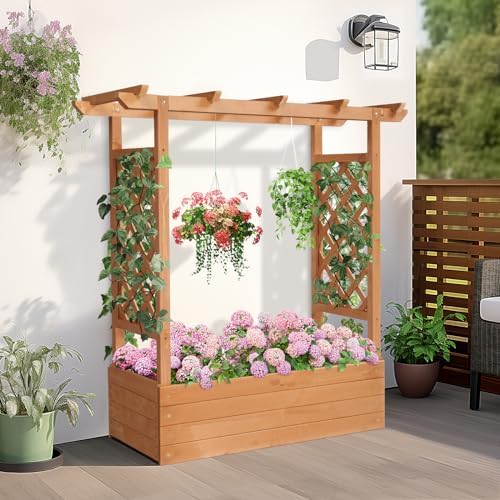 Outvita Raised Garden Bed with Trellis, Wood Planter Box with Hanging Roof, Side Trellis and Drainage Holes, Above Ground Elevated Garden Bed for Outdoor Climbing Plants Vines Vegetables (Teak Color) - Image 7