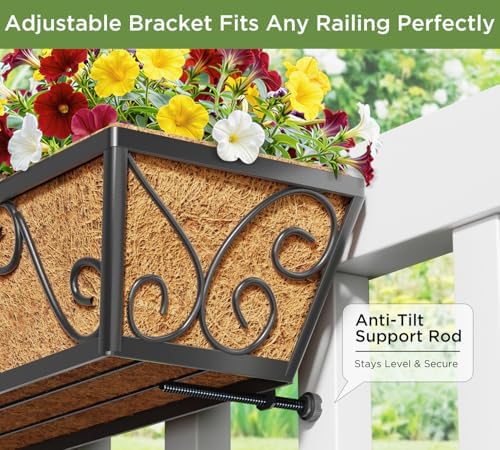 Y&M 4Pcs 30'' Large Railing Planter Boxes with Coco Liner, Outdoor Hanging Window Flower Boxes for Deck, Fence, Porch, and Patio - Image 4