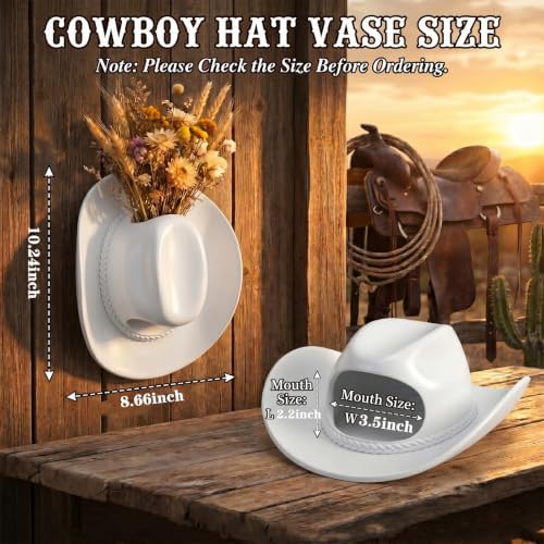 Hanging Wall Vase for Flowers Resin Cowboy Hat Vase Western Decor White - Image 2