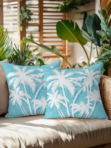 Throw Pillows 16x16 Set of 2, Tropical Palm Tree Waterproof Outdoor Pillow Covers for Patio with Insert, Vintage Aqua Exotic Botanical Plants Decorative Pillowcase Cushion for Couch, Sofa, Bed, Garden - Image 2