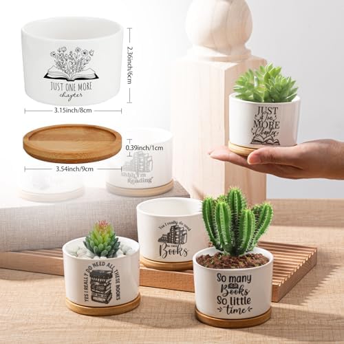 Havawish 12 Pcs Book Lovers Gifts Ceramic Succulent Pots Bamboo Tray,Cute - Image 2