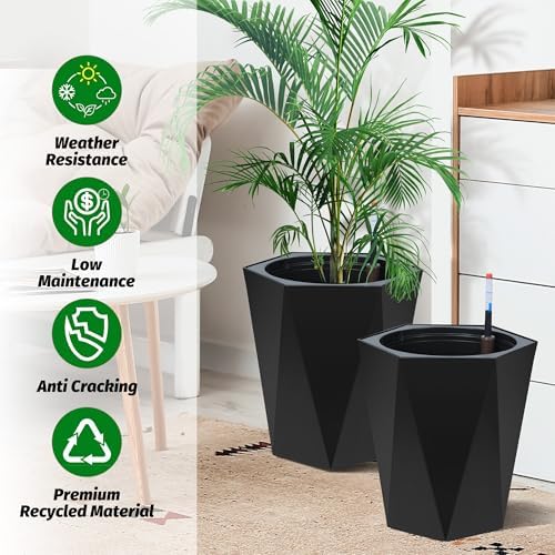 GarveeLife 16 Inch Tall Planters Set of 2, Outdoor Planters Self Watering Plant Pots with Water Level Monitor, Multiple Drainage Holes, Flower Pots for Patio, Porch, Living Room, or Home Office, Black - Image 3